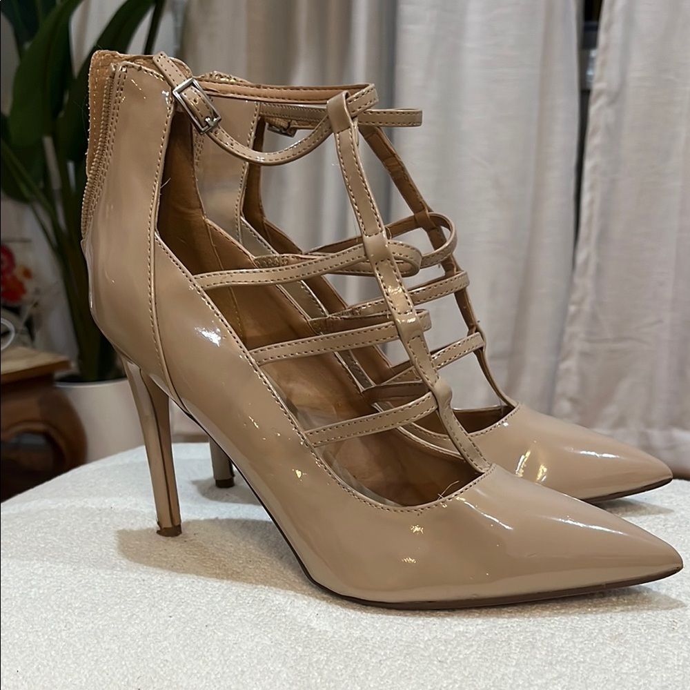 Call It Spring Tan Heels with Strappy Design and Pointed Toe
